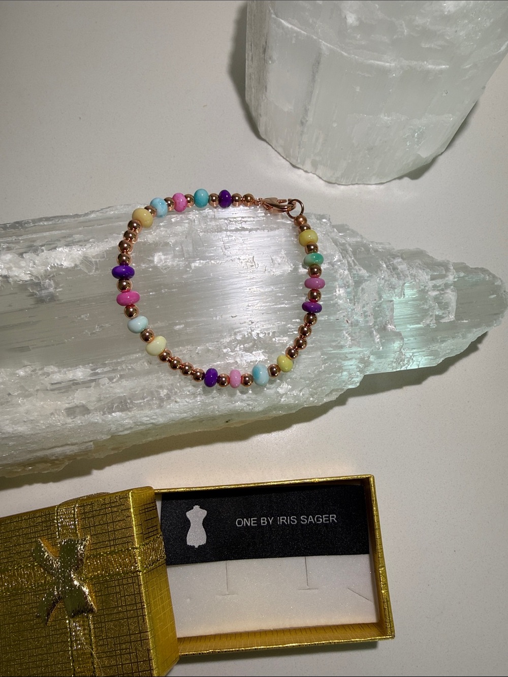 Multicolor Beaded opal Bracelet with Rose solid copper Beads 7.5 inch